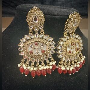 Pakistani Indian Desi Outfit Gold & Red Kundan Drop Earrings